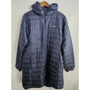 Columbia Coat Womens XL Long Puffer Hooded Down Jacket Navy Full Zip Winter